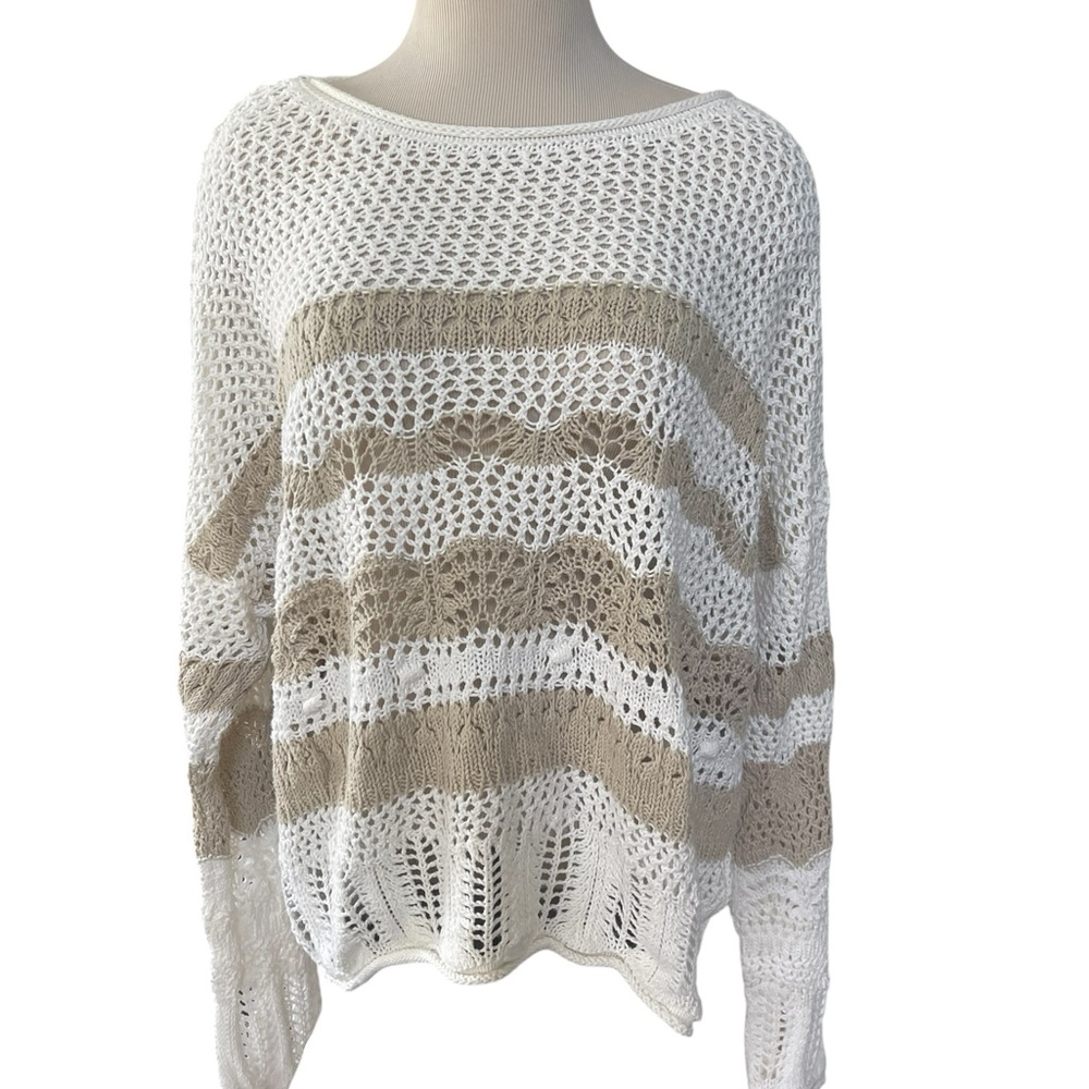 BEACH LUNCH LOUNGE White Tan Oversized Crewneck Crochet Pullover Sweater Size XL